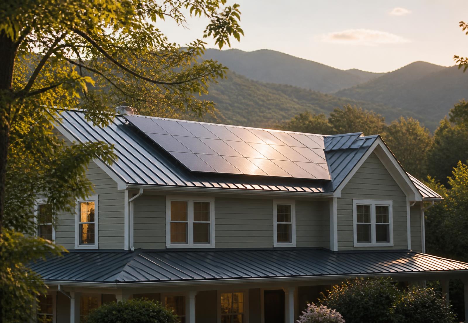 A family home with rooftop solar panels in the North Georgia foothills at sunset