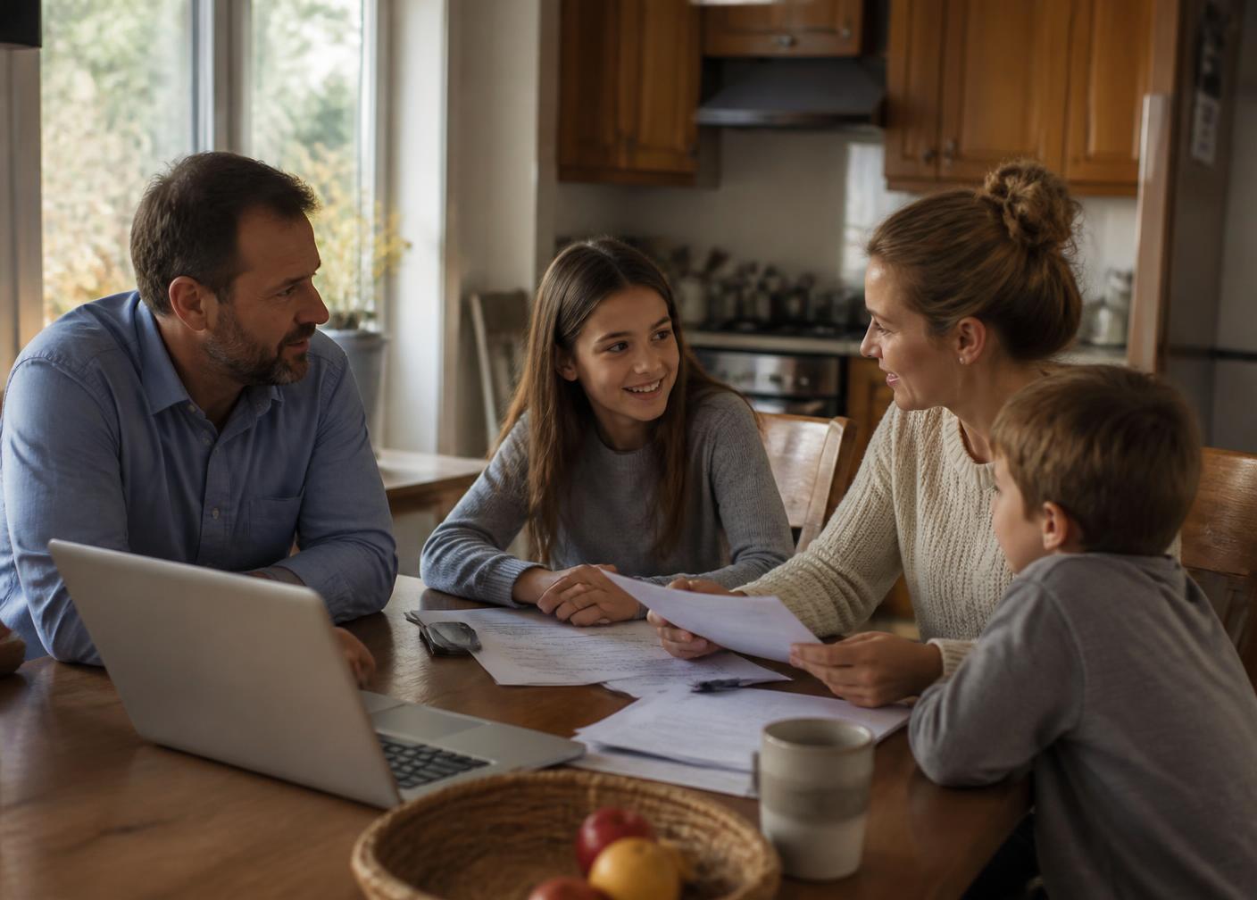 A family reviewing paperwork together at their kitchen table